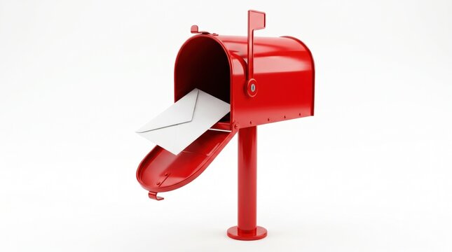Vibrant red classic American mailbox, prominently open with a white envelope peeking out, symbolizing essential direct communication, mail delivery service, and critical message notification,