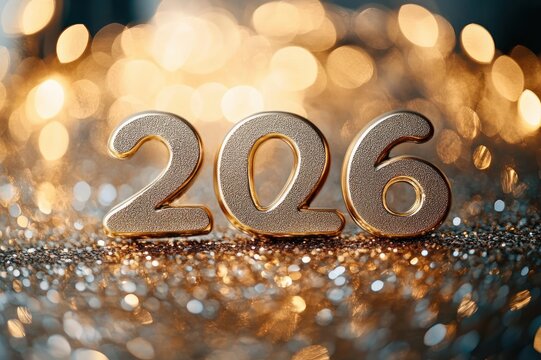 metallic numbers 206 on a glittering surface with warm golden bokeh lights, festive sparkling celebratory atmosphere