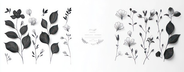 Fototapeta premium monochrome paper floral composition with leaves, stems, buds and delicate blossoms arranged symmetrically on white background, serene minimalist mood