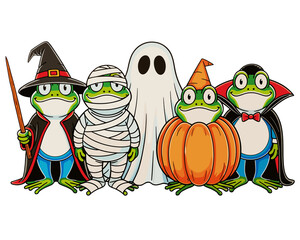Fototapeta premium Spooky Frogs Halloween Costume Party Ghost Pumpkin Mummy Retro Vibes