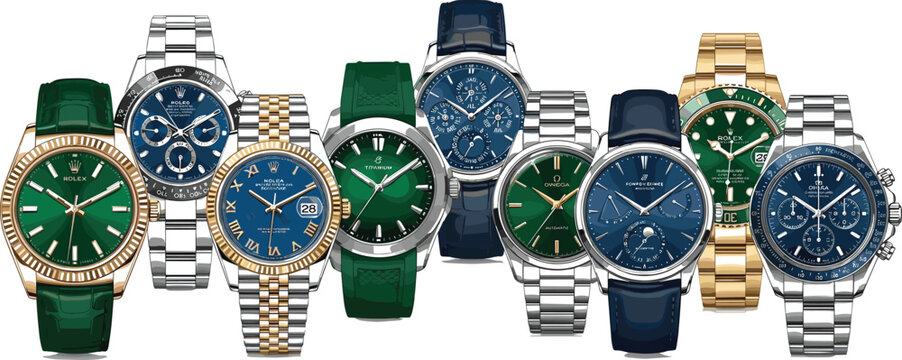 Luxury Men Luxury Wrist Watches Collection Set Featuring Premium Gold Silver Stainless Steel and Leather Strap Chronographs for Horology Fashion Vector Illustration