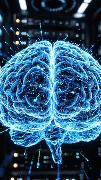 A Captivating Visualization of a Digital Brain, Showcasing Advanced Neural Connections and Light Patterns Against a Futuristic Server Background