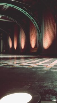 A hallway features exposed brick walls and a patterned floor. Lights illuminate the space, creating a distinct look. This area appears to be part of a large building or venue.