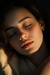 Fototapeta premium softly lit cropped portrait of a person with ear, neck and shoulder visible, beige fabric draped, warm side lighting and moody intimate atmosphere, face intentionally obscured