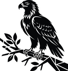Fototapeta premium Majestic Eagle Perched on a Tree Branch Vector Illustration with Detailed Black Silhouette Feather Shading for Wildlife Logos, Crests, and Patriotic Graphic Designs