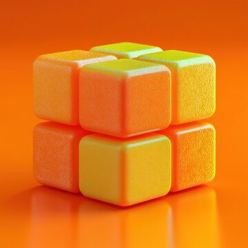 rounded textured orange and yellow 2x2 cube of foam-like blocks on glossy orange surface, vibrant playful mood