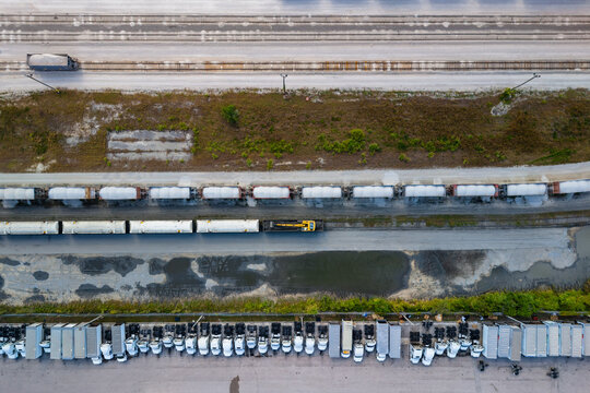 Aerial view of industrial freight transportation logistics hub