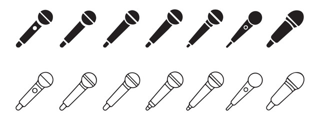Collection of handheld microphone icons for vocal recording or stage performance on isolated background. © Md