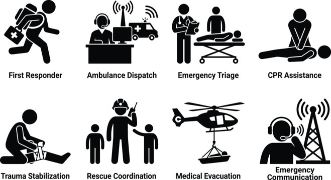 Emergency Medical Response and First Responder Icon Set with CPR Rescue and Ambulance Dispatch