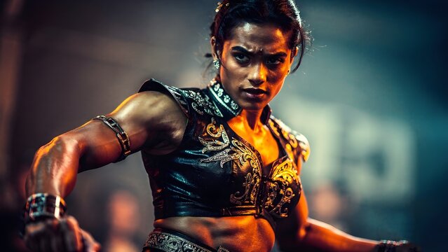 Powerful Female Warrior in Ornately Decorated Black Armor Staring Fiercely in Cinematic Action Scene