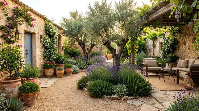 Beautiful mediterranean garden courtyard with olive trees and comfortable lounge furniture. low-water garden designs