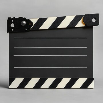 blank black and white clapperboard slate with diagonal stripes and empty scene lines on neutral gray background, poised professional cinematic mood