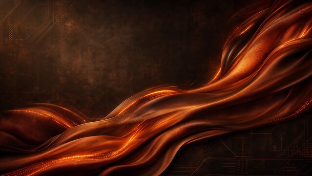 Earthy tones of terracotta and copper silk behaving like waves. Warm neon orange pulses resembling molten data flow on a deep espresso background. Hardware engineering theme