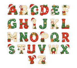 Naklejka premium Christmas Alphabet Set with Holiday Decorations and Symbols