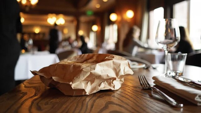 Dining table setting in an upscale restaurant with a brown paper bag, ambiance and soft lighting