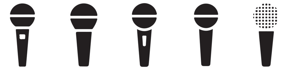 Dynamic handheld microphone icons collection for stage performance and vocal music concert events set. © Md