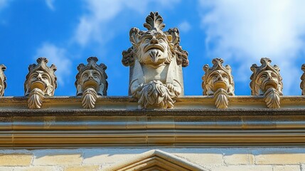 Obraz premium row of carved stone grotesque faces and ornamental foliage atop a sandstone cornice against a bright blue sky, evoking a watchful majestic presence