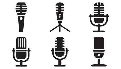 Collection of six black microphone icons including handheld and classic studio designs. © Md