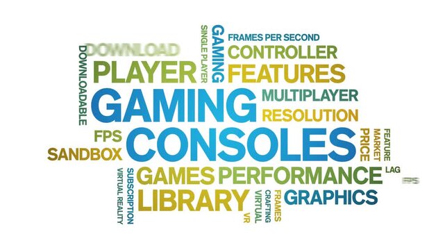 Gaming Consoles animated word cloud-gross domestic product animation tag kinetic typography seamless loop.
