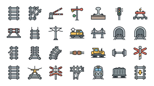 Railway construction scene with various train tracks and equipment
