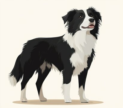 black and white border collie standing on a light background, looking up with tongue out and an alert, joyful expression