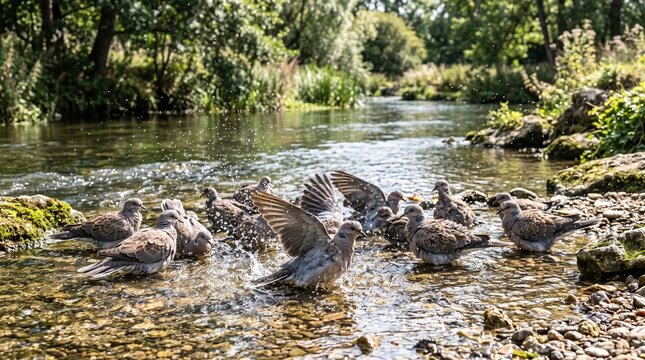 Wild doves splashing in a natural river on a sunny day