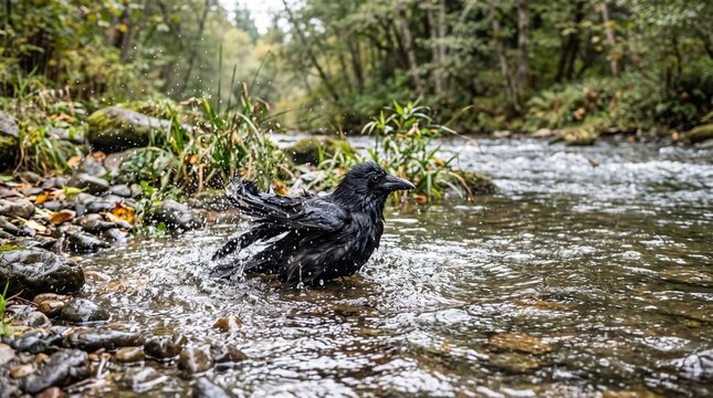Black raven bathing in a shallow forest river