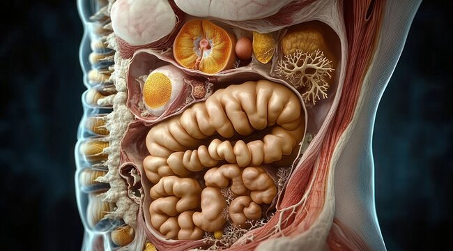 highly detailed anatomical cross-section of human abdominal cavity showing coiled small intestines, vertebrae, muscles, adipose tissue, nerve plexus and surrounding organs, clinical and awe-inspiring