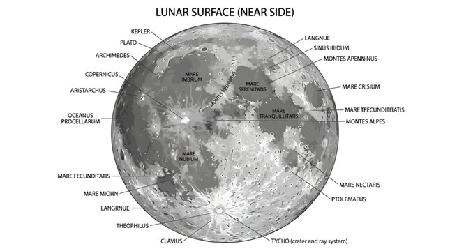 Detailed map of the lunar surface near side with labeled landmarks