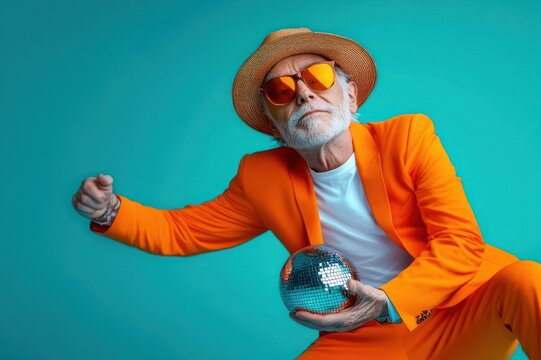 person in bright orange suit and straw hat holding a mirrored disco ball against a teal background, exuberant and playful pose