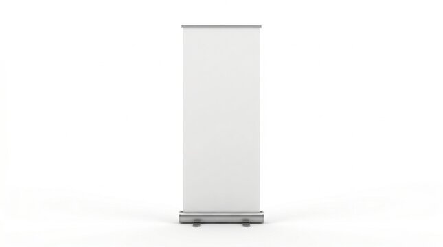 Blank roll up banner mockup template isolated on white background. Clean vertical display stand for marketing exhibitions, trade shows, business presentations, and corporate advertising.
