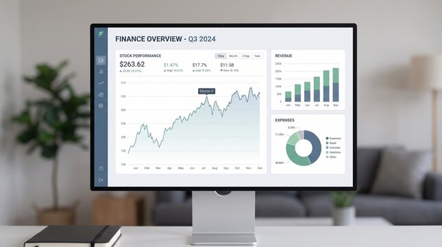 Computer monitor displaying financial stock market data dashboard