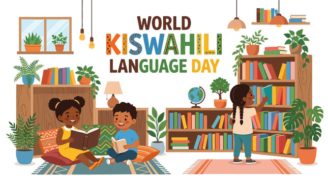 Celebrate World Kiswahili Language Day with children reading books in a cozy library filled with plants and knowledge
