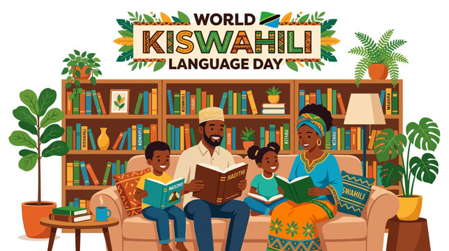 Celebrating World Kiswahili Language Day with a family reading books together on a cozy sofa in a library setting