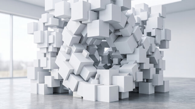 Abstract modern three dimensional composition featuring complex structure made of small white interlocking cubes resting inside bright empty minimal spacious architectural room