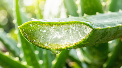 Fototapeta premium Fresh organic green aloe vera leaf cross section showing dripping pure transparent healing liquid gel against bright blurred natural background