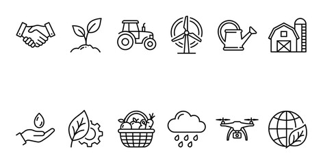 Fototapeta premium Collection of various black line art icons representing agriculture, farming, and environmental sustainability on a clean white background