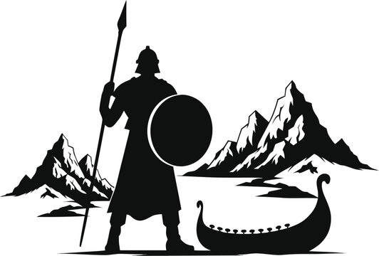 Silhouette illustration of a viking warrior with spear and shield standing near a longship by mountains