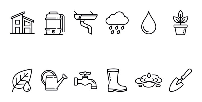 Collection of twelve simple black outline icons representing water conservation, gardening, and outdoor elements on a clean white background