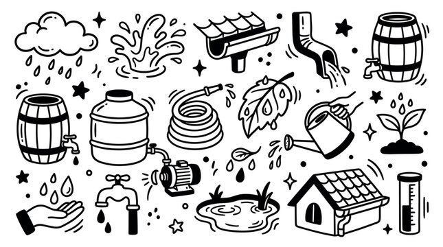 Various hand-drawn black and white doodles illustrating water conservation, collection, and usage elements on a clean white background