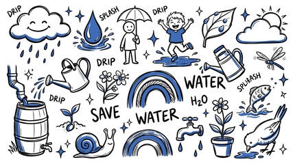 Fototapeta premium Collection of hand-drawn blue and black doodles illustrating water conservation and the water cycle on a white background