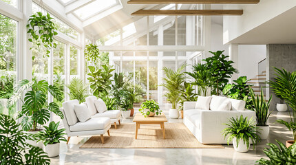 Fototapeta premium Beautiful bright spacious modern living room interior filled with lush green tropical houseplants surrounding comfortable white sofa under sunny glass roof skylights