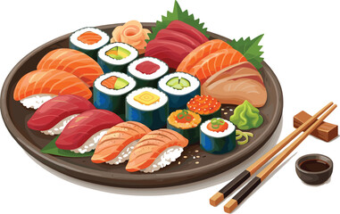 Japanese Sushi Platter Vector Illustration with Salmon Nigiri, Tuna Maki Rolls, Sashimi, Wasabi, Ginger, Chopsticks, and Soy Sauce for Restaurant Menu Layouts © EdGe Creative