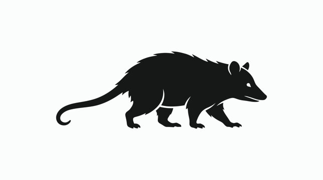 Black silhouette of a possum with a long tail on white background