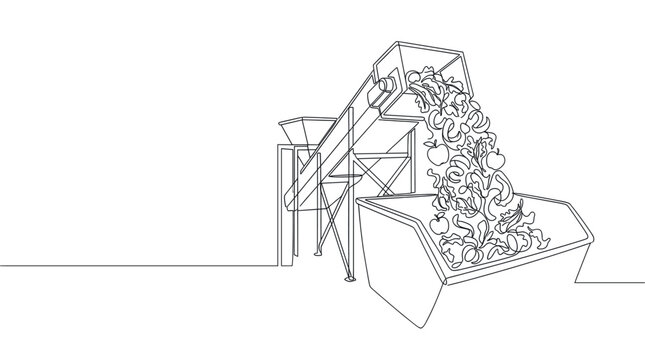 Continuous line drawing of a fruit and vegetable processing machine sorting fresh produce into a large bin