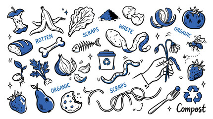 Obraz premium Various hand-drawn organic waste elements, including fruit peels, food scraps, and a compost bin, on a clean white background