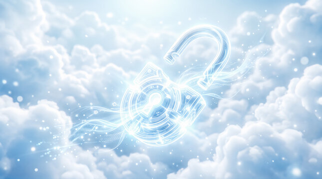 Glowing futuristic blue digital cyber padlock opening widely across beautiful fluffy bright clouds symbolizing safe secure advanced cloud computing network storage