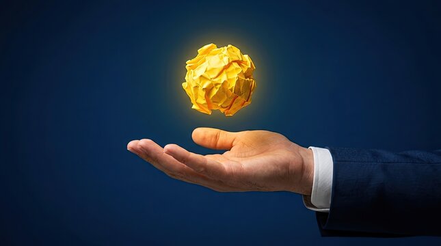 Hand holding crumpled paper ball in air symbolizing ideas stress