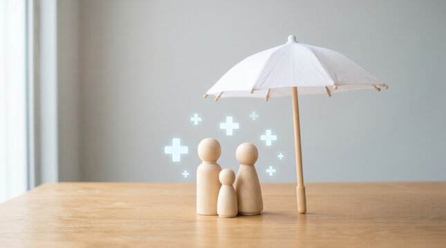 Family health insurance concept with wooden peg doll figures under a white umbrella with glowing medical plus sign icons on a wooden table, symbolizing protection, care, and financial security.