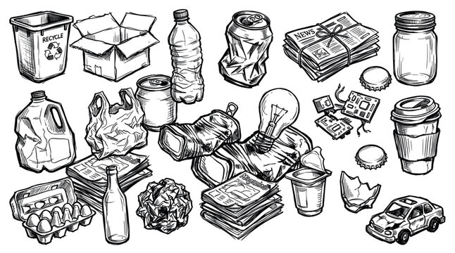 Various hand-drawn discarded items and recyclable waste materials are scattered on a clean white background, illustrating environmental concerns
